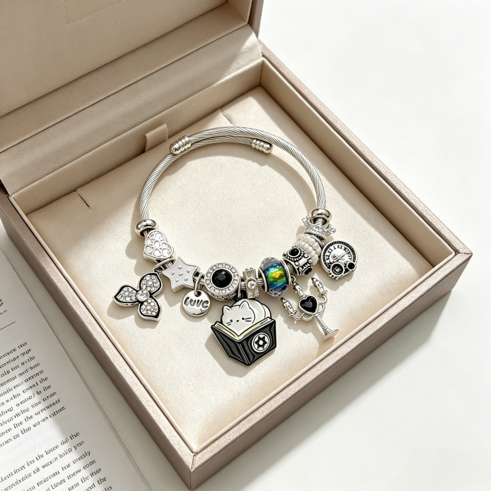 Cat Pattern Beading Bangle For Women In Electroplated Stainless Steel