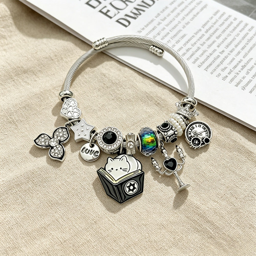 Cat Pattern Beading Bangle For Women In Electroplated Stainless Steel