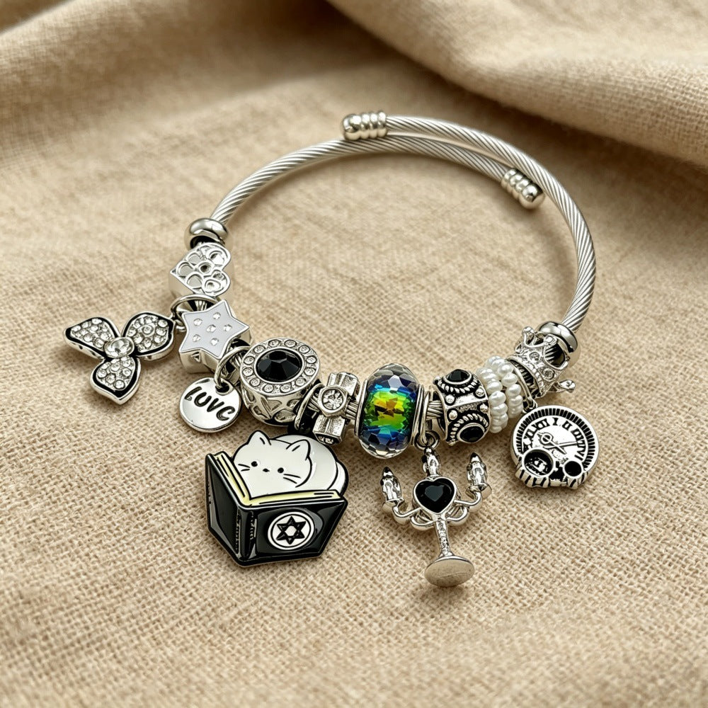 Cat Pattern Beading Bangle For Women In Electroplated Stainless Steel