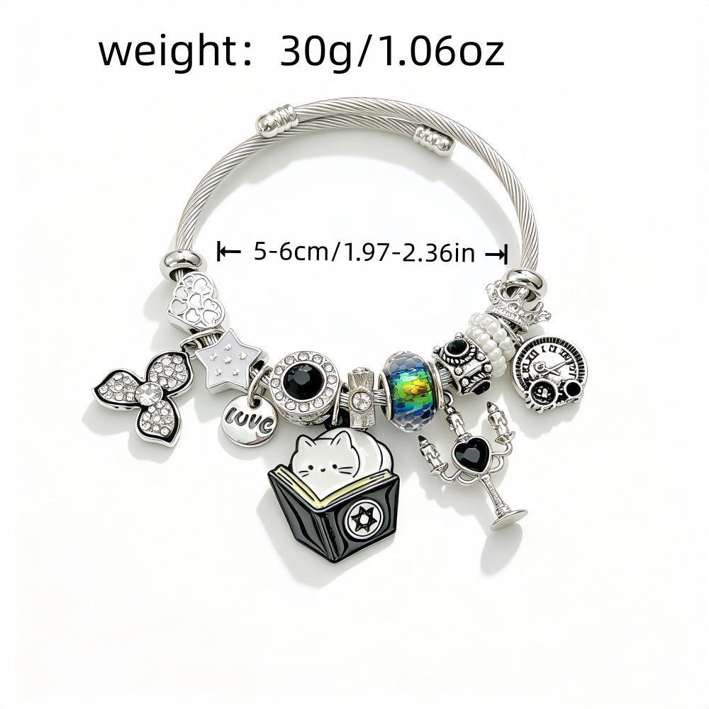 Cat Pattern Beading Bangle For Women In Electroplated Stainless Steel