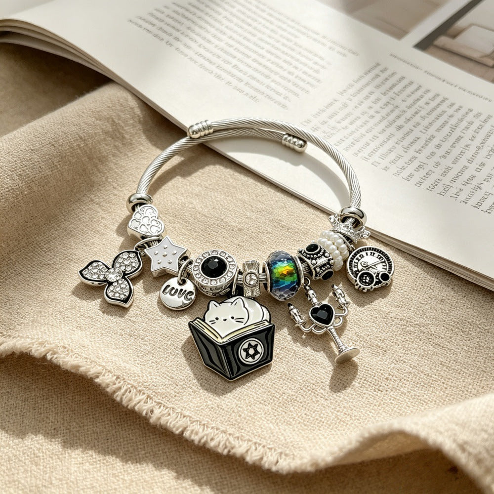 Cat Pattern Beading Bangle For Women In Electroplated Stainless Steel
