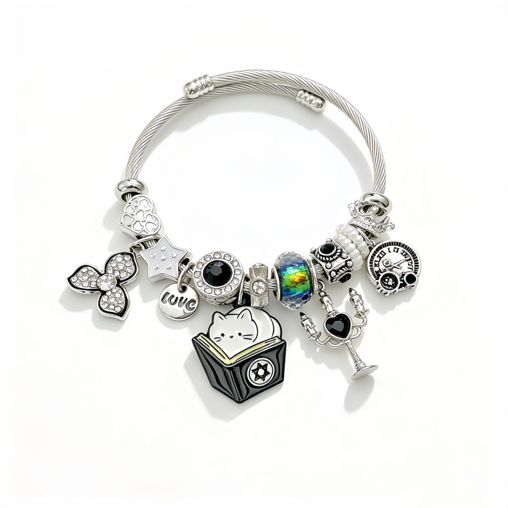 Cat Pattern Beading Bangle For Women In Electroplated Stainless Steel