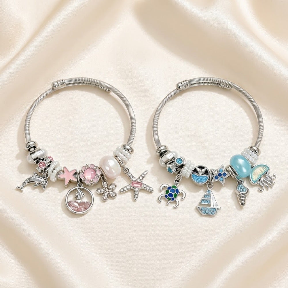 Ocean Pattern Marine Style Bangle For Women, Stainless Steel Electroplated Beading Bracelet