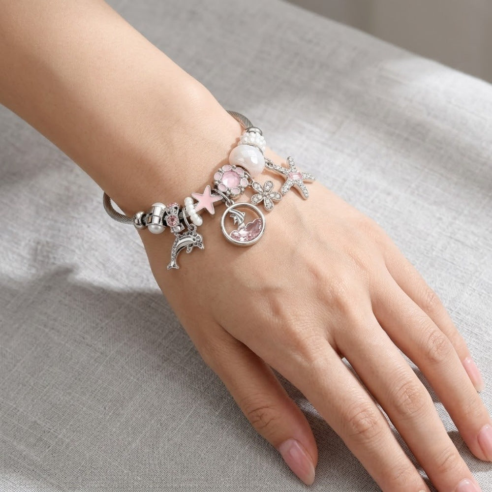 Ocean Pattern Marine Style Bangle For Women, Stainless Steel Electroplated Beading Bracelet