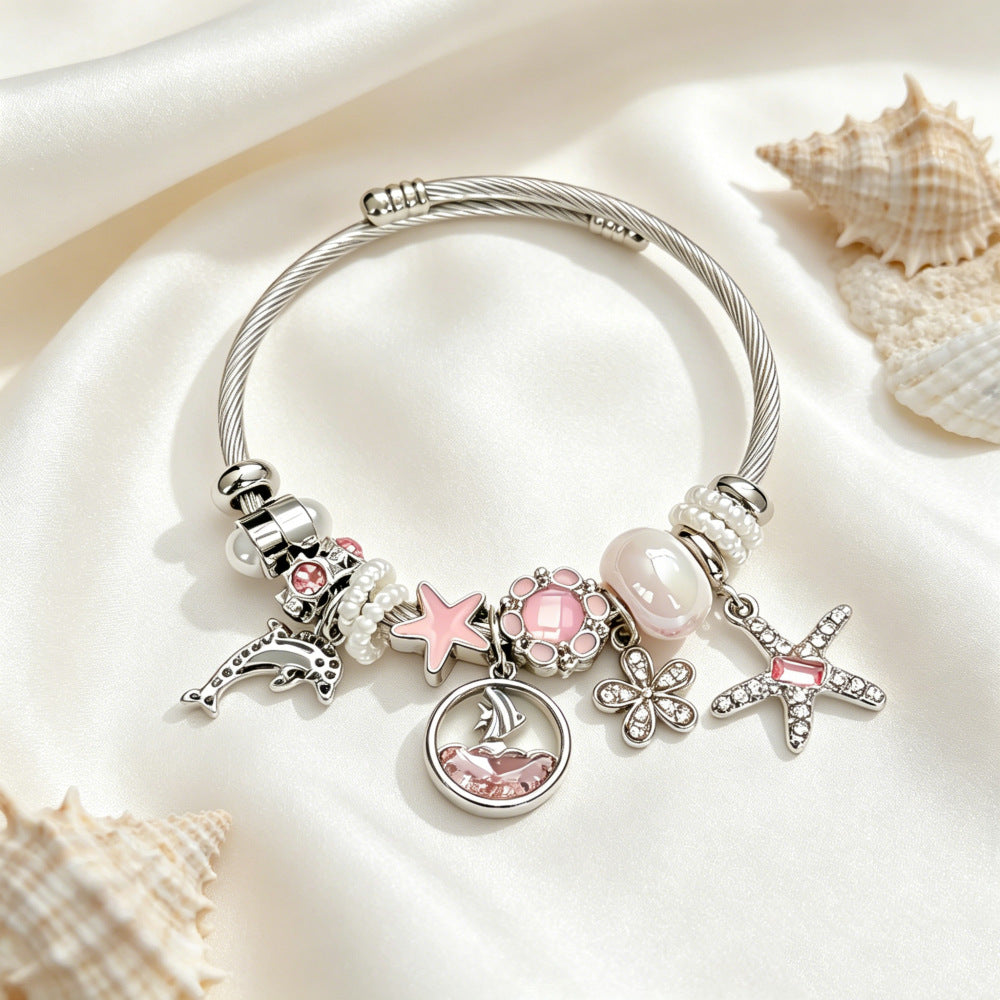 Ocean Pattern Marine Style Bangle For Women, Stainless Steel Electroplated Beading Bracelet