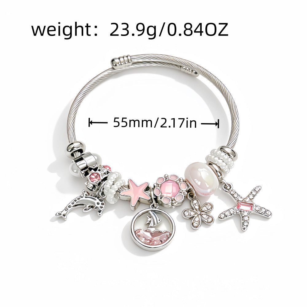 Ocean Pattern Marine Style Bangle For Women, Stainless Steel Electroplated Beading Bracelet