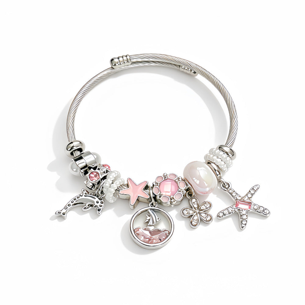 Ocean Pattern Marine Style Bangle For Women, Stainless Steel Electroplated Beading Bracelet