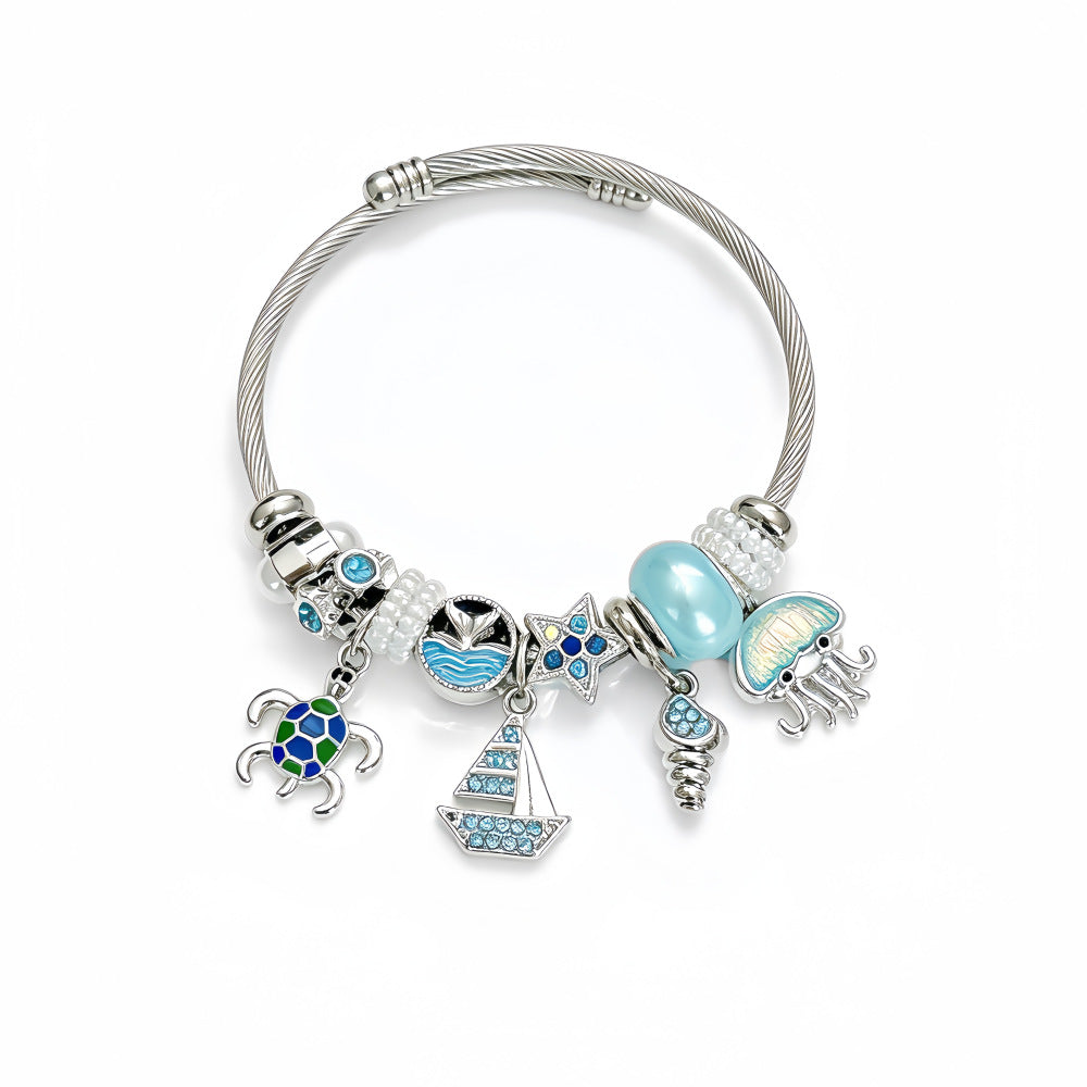 Ocean Pattern Marine Style Bangle For Women, Stainless Steel Electroplated Beading Bracelet