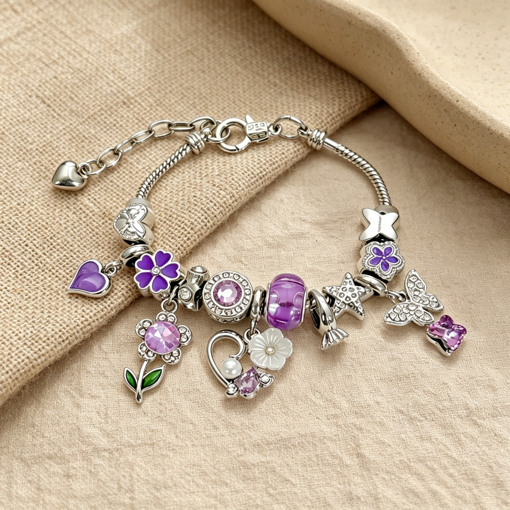 New Style Lavender Flowers Bracelet For Women With Zinc Alloy Pendant And Snake Chain