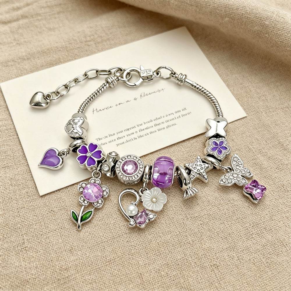 New Style Lavender Flowers Bracelet For Women With Zinc Alloy Pendant And Snake Chain