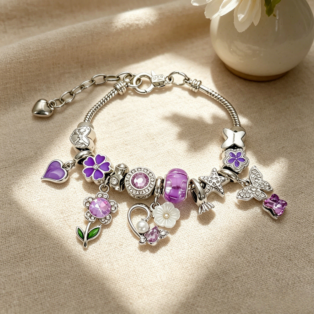 New Style Lavender Flowers Bracelet For Women With Zinc Alloy Pendant And Snake Chain