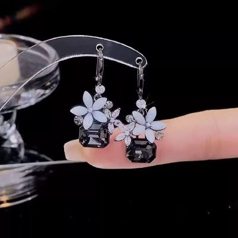 Electroplated Alloy Earrings For Women Featuring Dyed Black Flowers Inlaid With Zircon