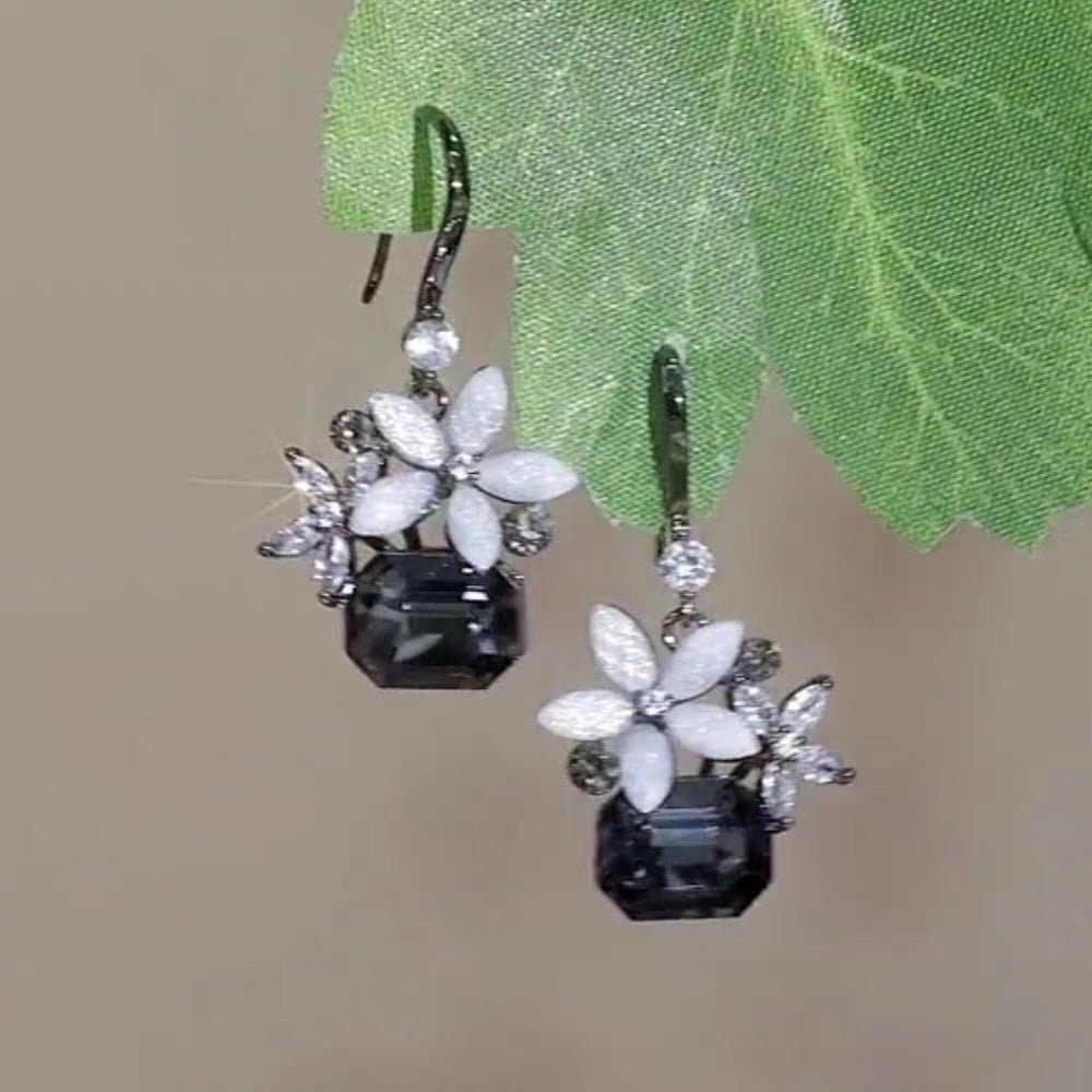 Electroplated Alloy Earrings For Women Featuring Dyed Black Flowers Inlaid With Zircon