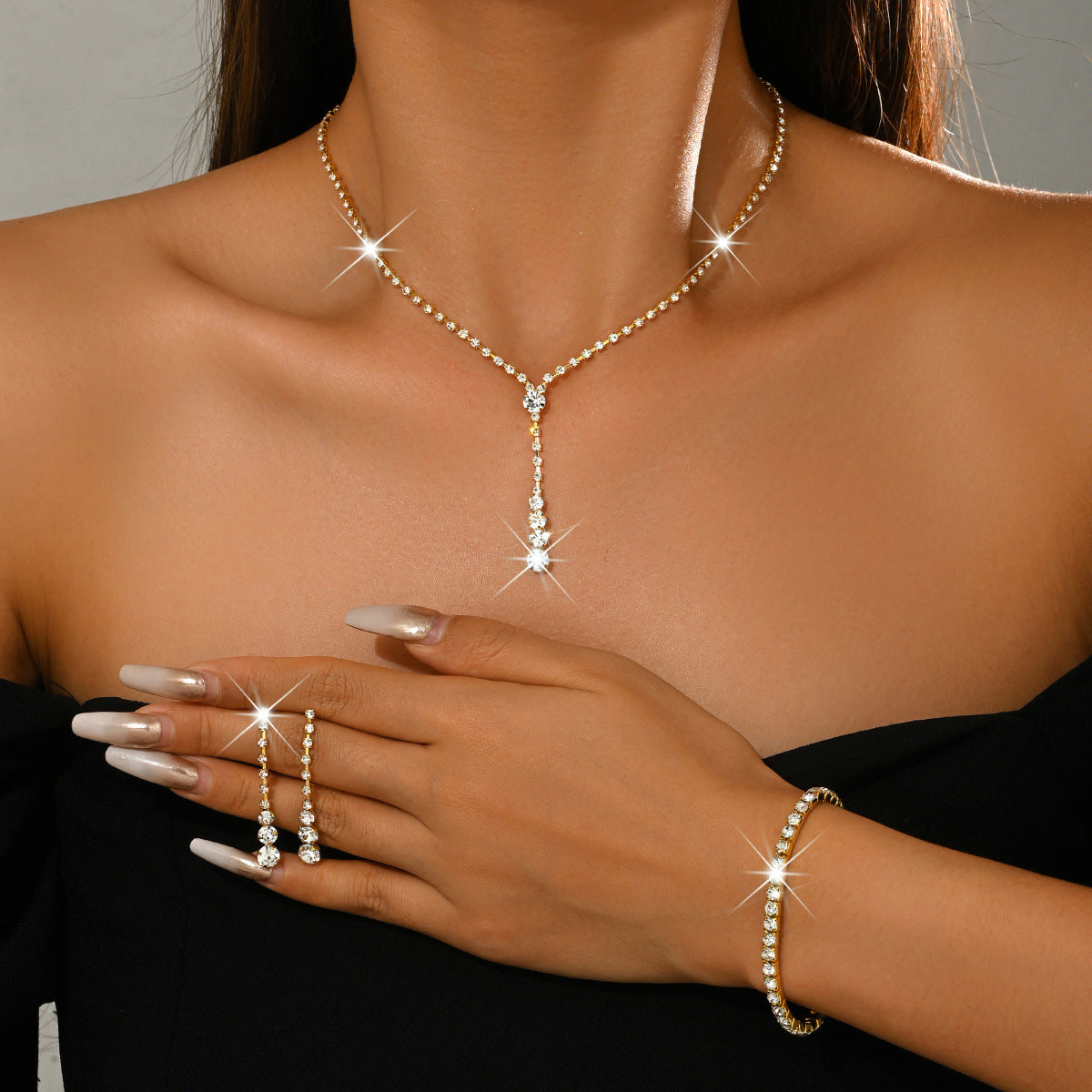 Geometric Tassel Jewelry Set For Women, Electroplated Copper With Golden Plated Finish And Rhinestone Inlay