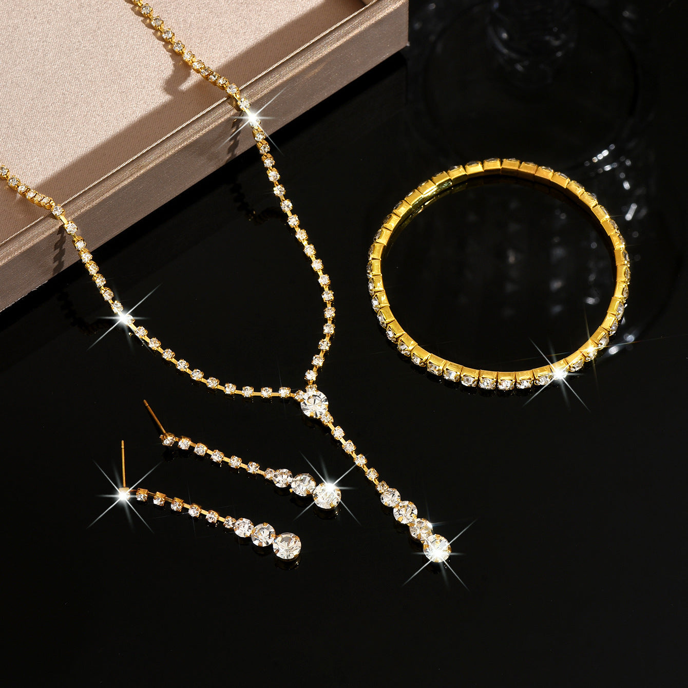 Geometric Tassel Jewelry Set For Women, Electroplated Copper With Golden Plated Finish And Rhinestone Inlay