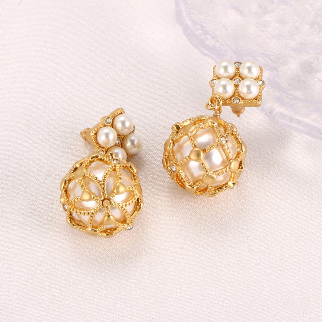 Luxurious Pearl Earrings For Women In Copper, 2 Pieces Set Jewelry Set