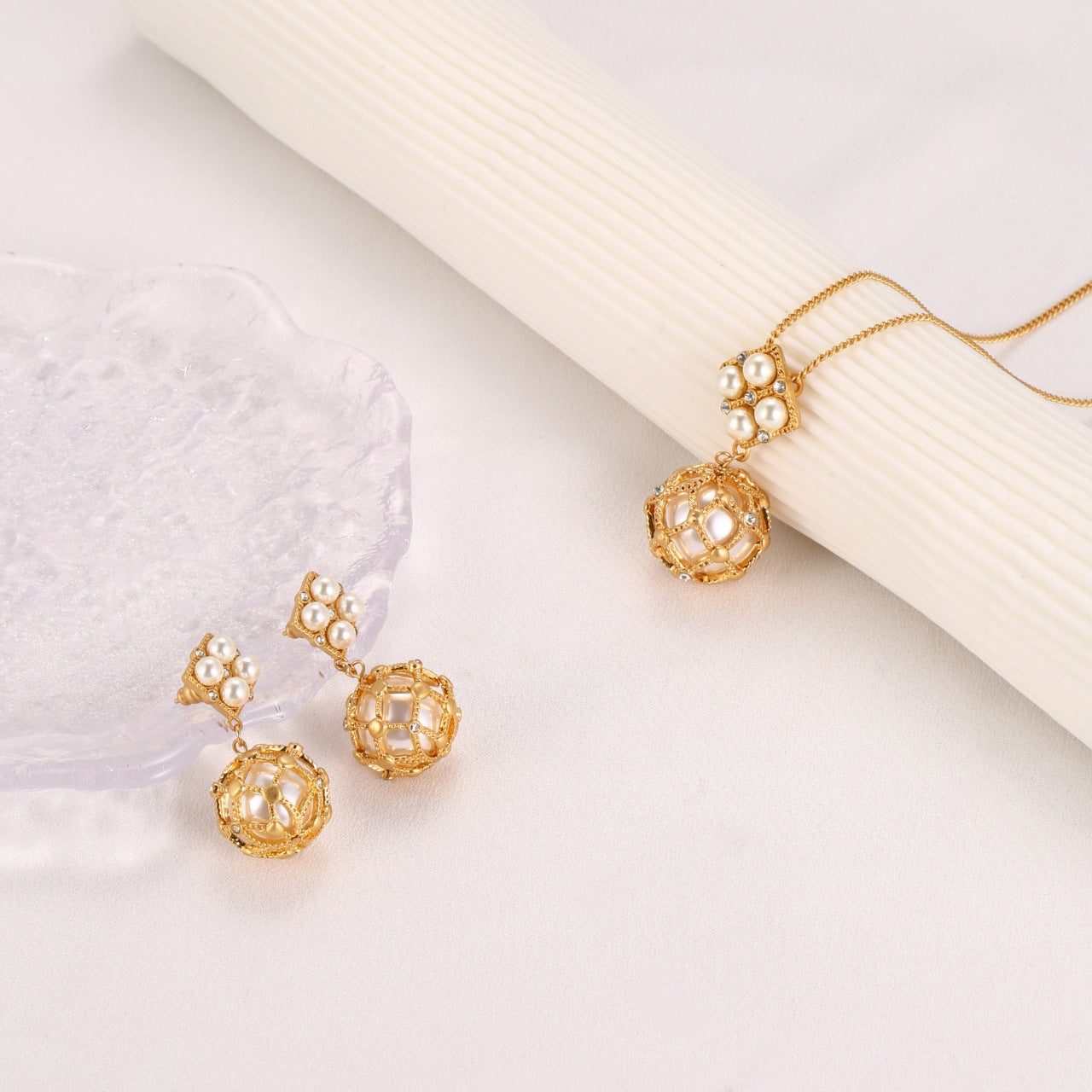 Luxurious Pearl Earrings For Women In Copper, 2 Pieces Set Jewelry Set