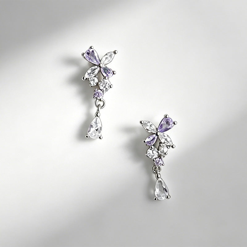 Elegant Purple Butterfly Tassel Stud Earrings For Women In Alloy With Rhinestone Inlay