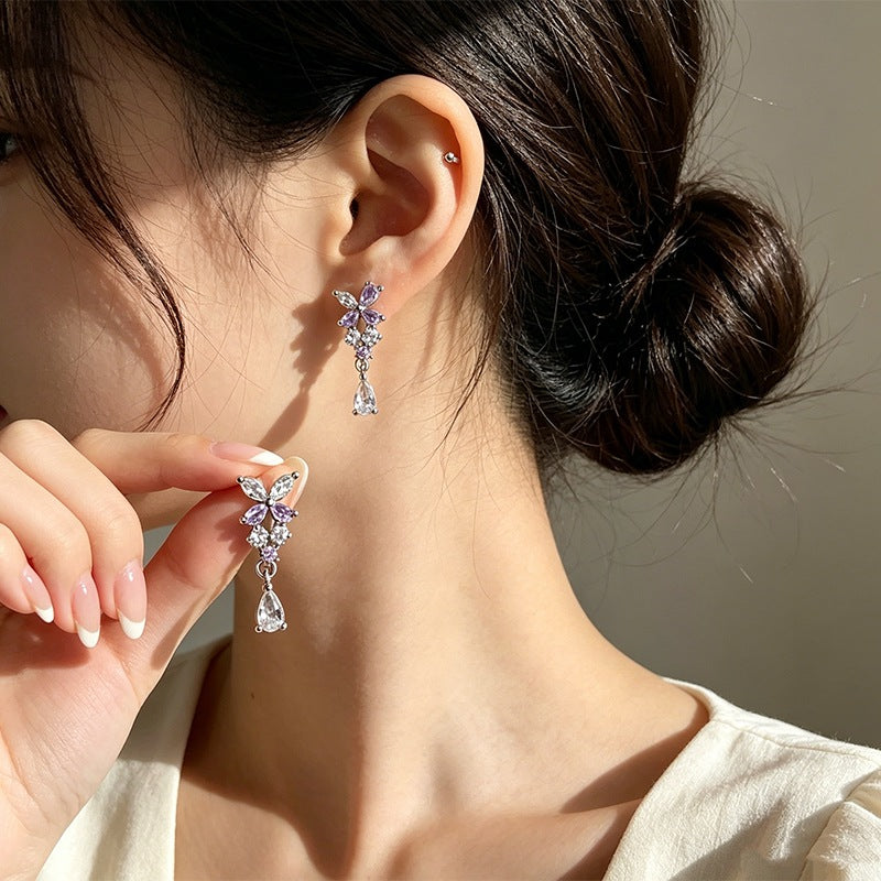 Elegant Purple Butterfly Tassel Stud Earrings For Women In Alloy With Rhinestone Inlay