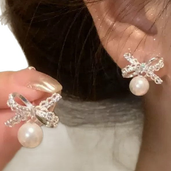 Elaborate Bow Tie Earrings For Women In Sweet Style With Electroplated Alloy And Artificial Pearl Inlay