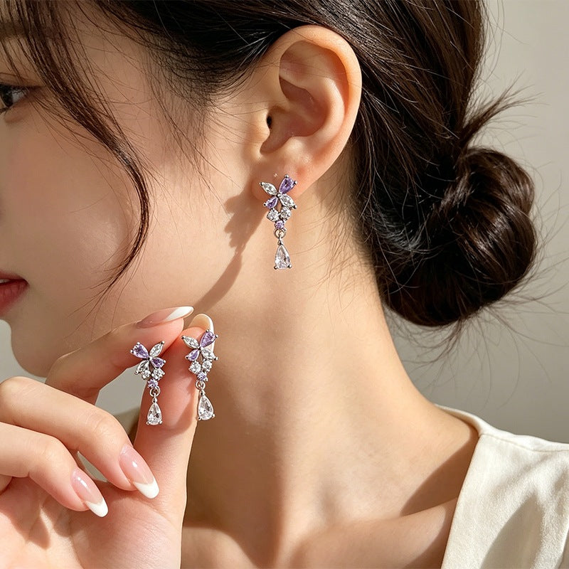 Elegant Purple Butterfly Tassel Stud Earrings For Women In Alloy With Rhinestone Inlay