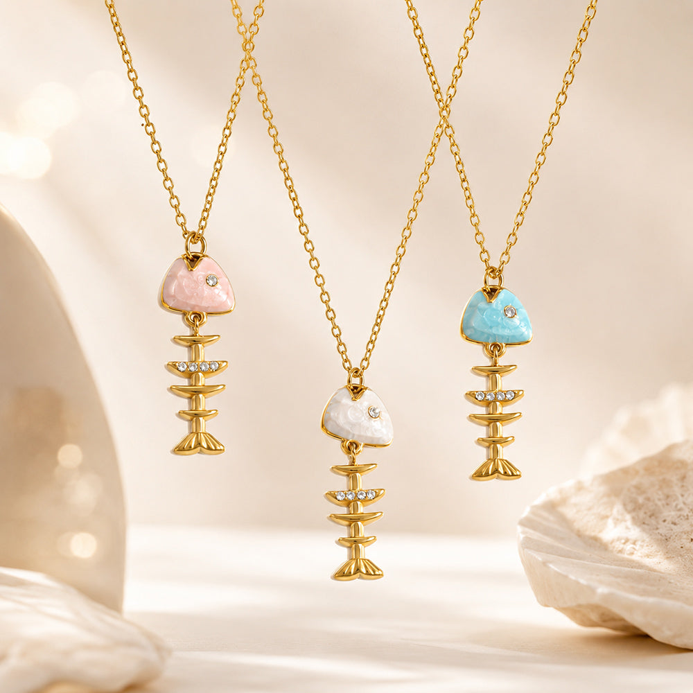 Marine Style Fish Bone Necklace For Women In 304 Stainless Steel With 18K Gold Plated PVD Coating And Rhinestones, Cable Chain