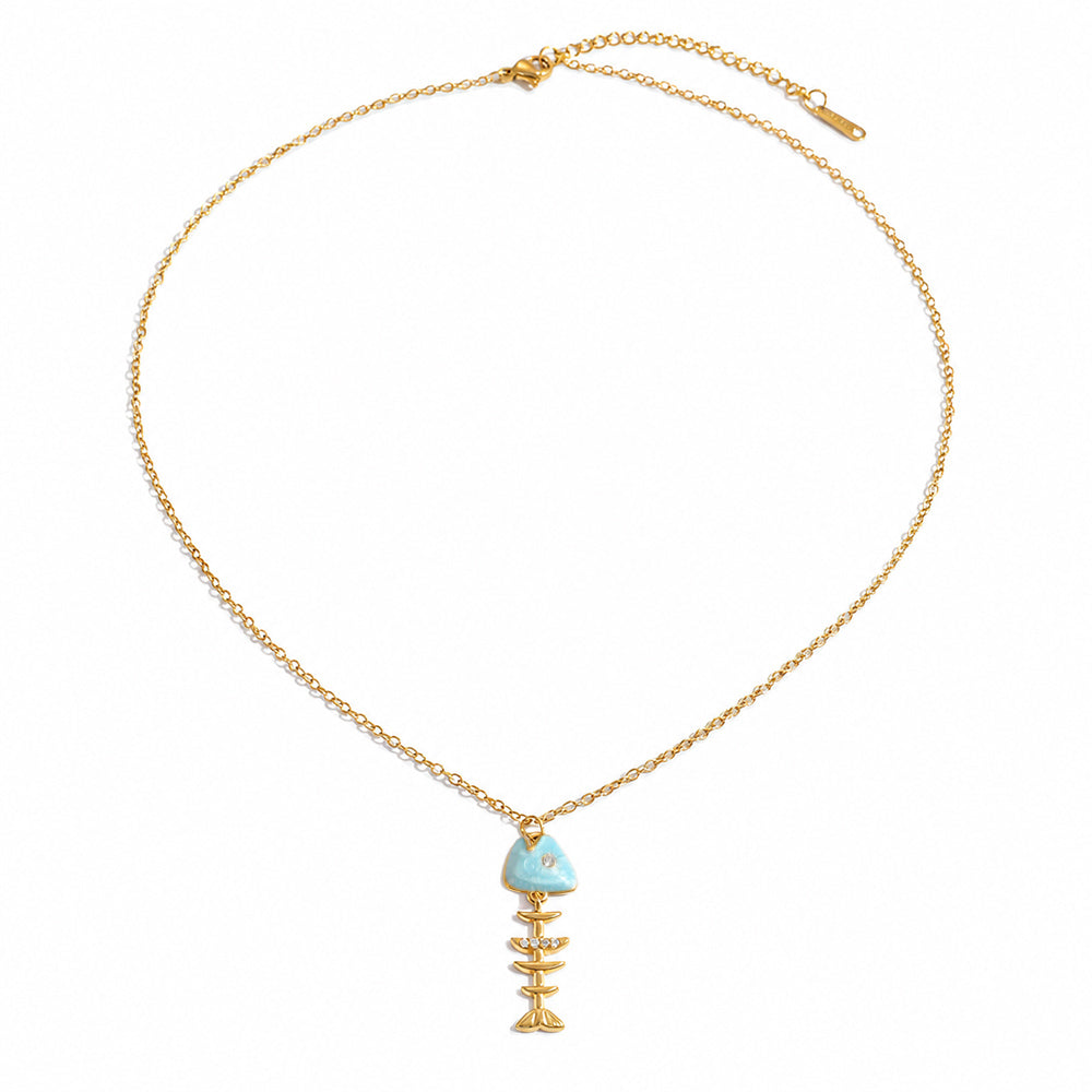 Marine Style Fish Bone Necklace For Women In 304 Stainless Steel With 18K Gold Plated PVD Coating And Rhinestones, Cable Chain