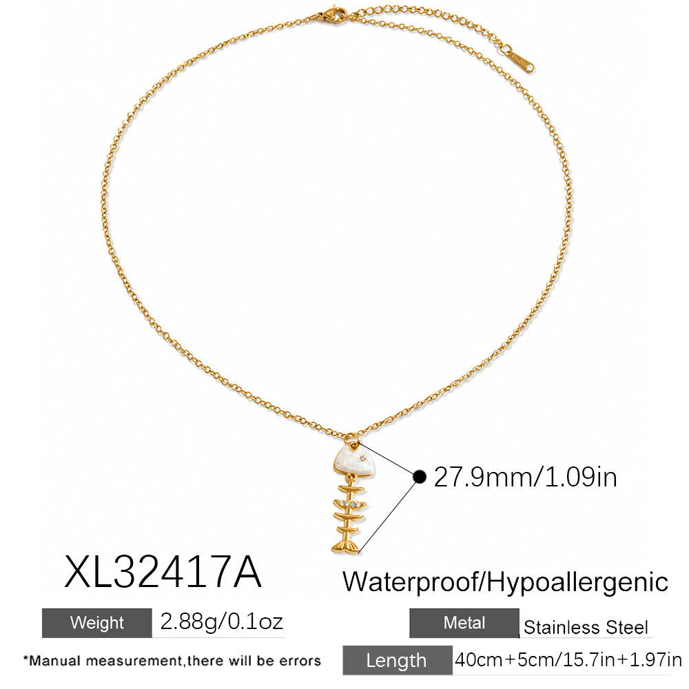 Marine Style Fish Bone Necklace For Women In 304 Stainless Steel With 18K Gold Plated PVD Coating And Rhinestones, Cable Chain