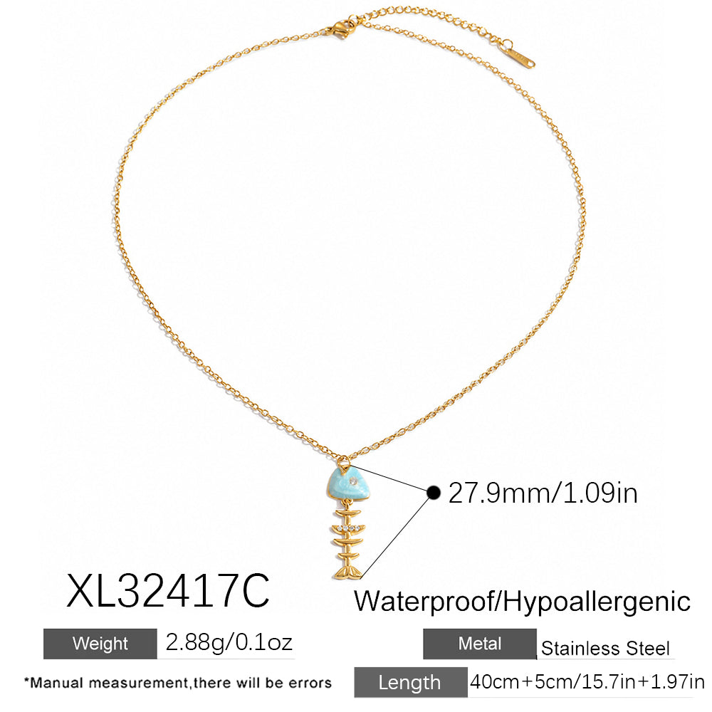 Marine Style Fish Bone Necklace For Women In 304 Stainless Steel With 18K Gold Plated PVD Coating And Rhinestones, Cable Chain