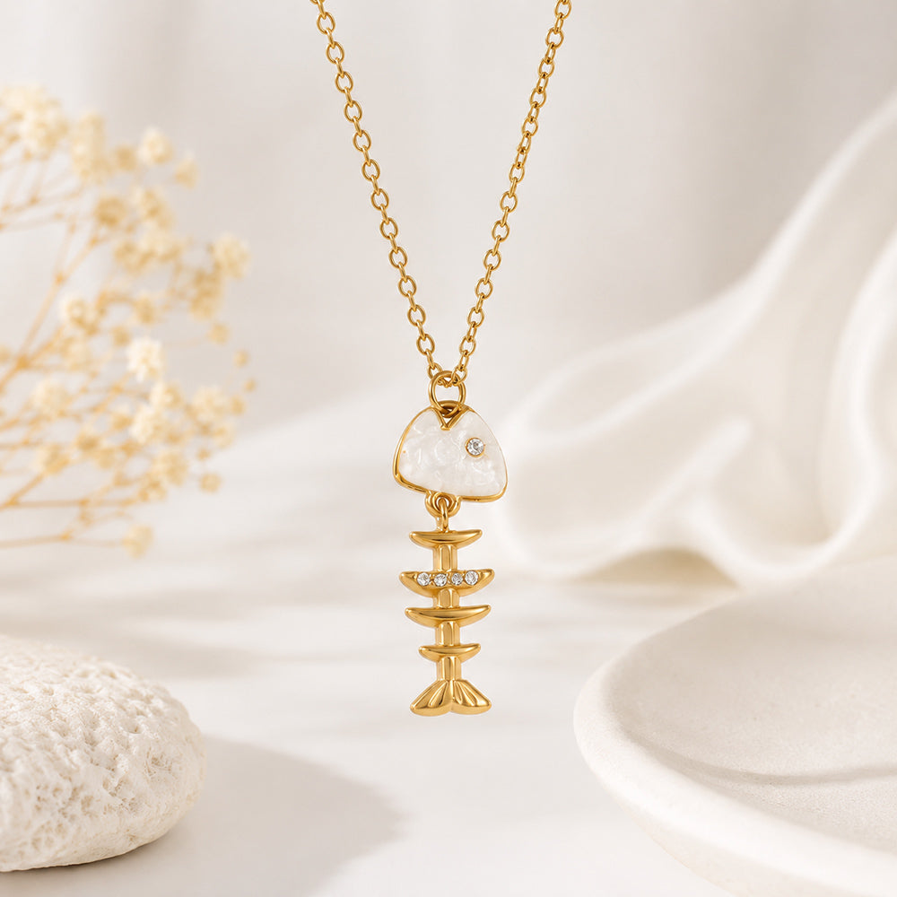 Marine Style Fish Bone Necklace For Women In 304 Stainless Steel With 18K Gold Plated PVD Coating And Rhinestones, Cable Chain