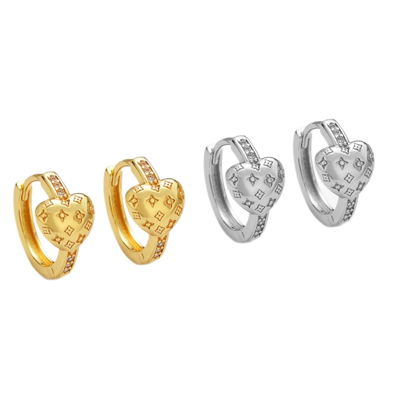 Heart Shape Stud Earrings For Women Featuring Copper Posts With Electroplated Gold And Zircon Inlay