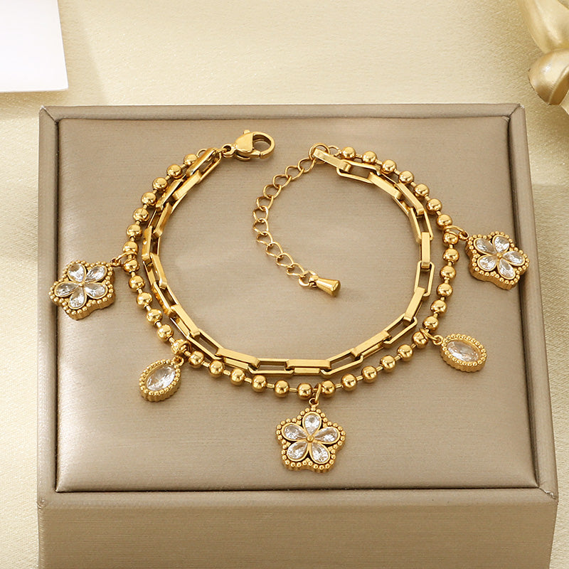 Electroplated Flowers Bracelet For Women In 304 Stainless Steel With 18K Real Gold PVD Coated Plating And 0.03µm Thickness
