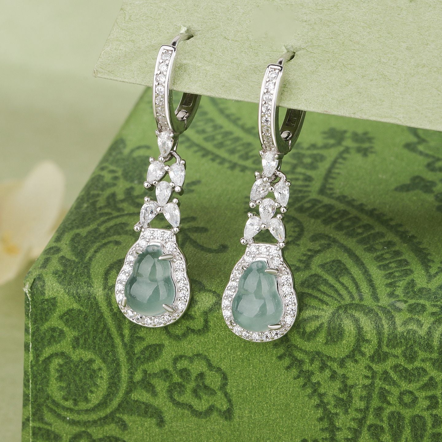 Gourd Drop Earrings For Women In 925 Sterling Silver With Jade Inlay, Elegant Stud Earrings