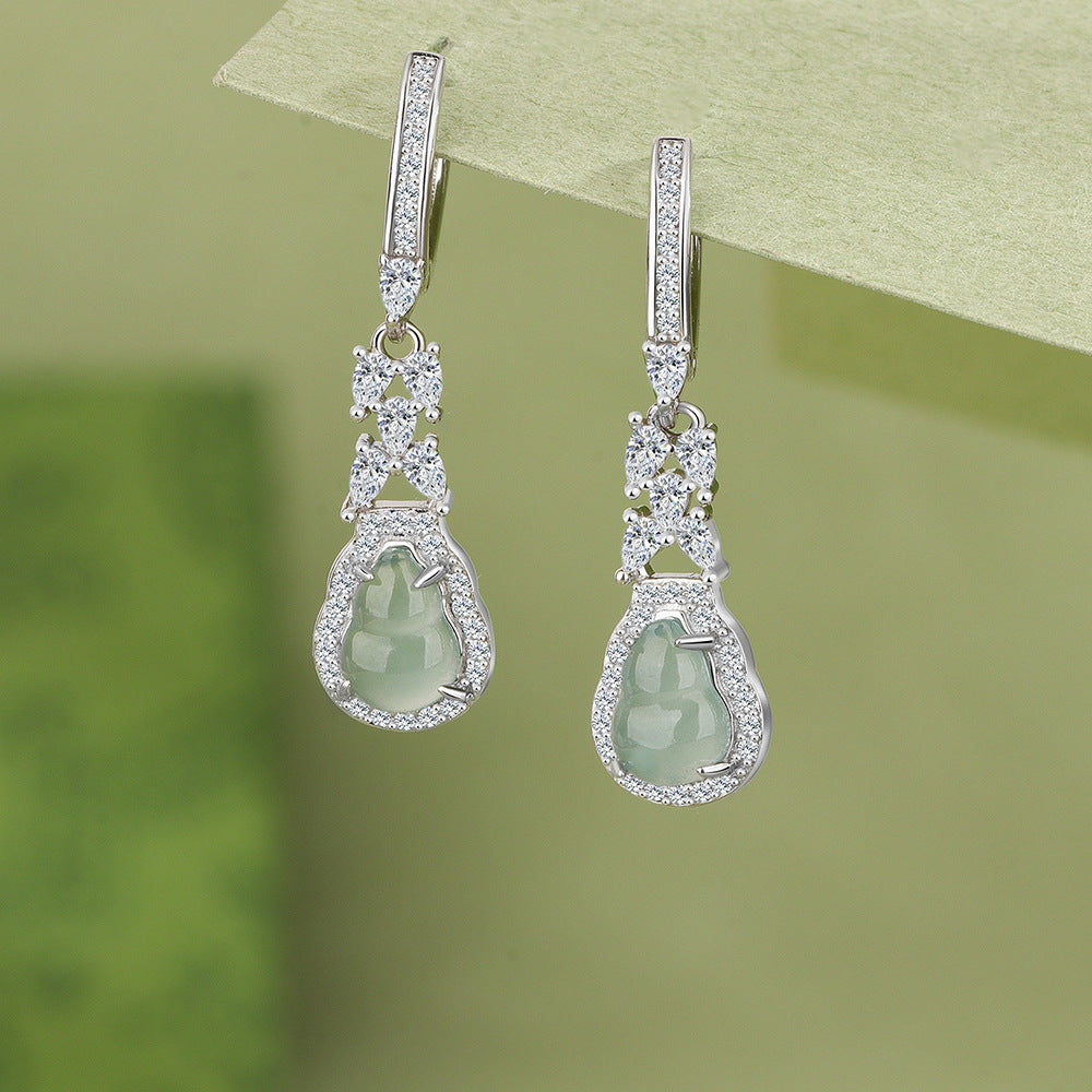 Gourd Drop Earrings For Women In 925 Sterling Silver With Jade Inlay, Elegant Stud Earrings