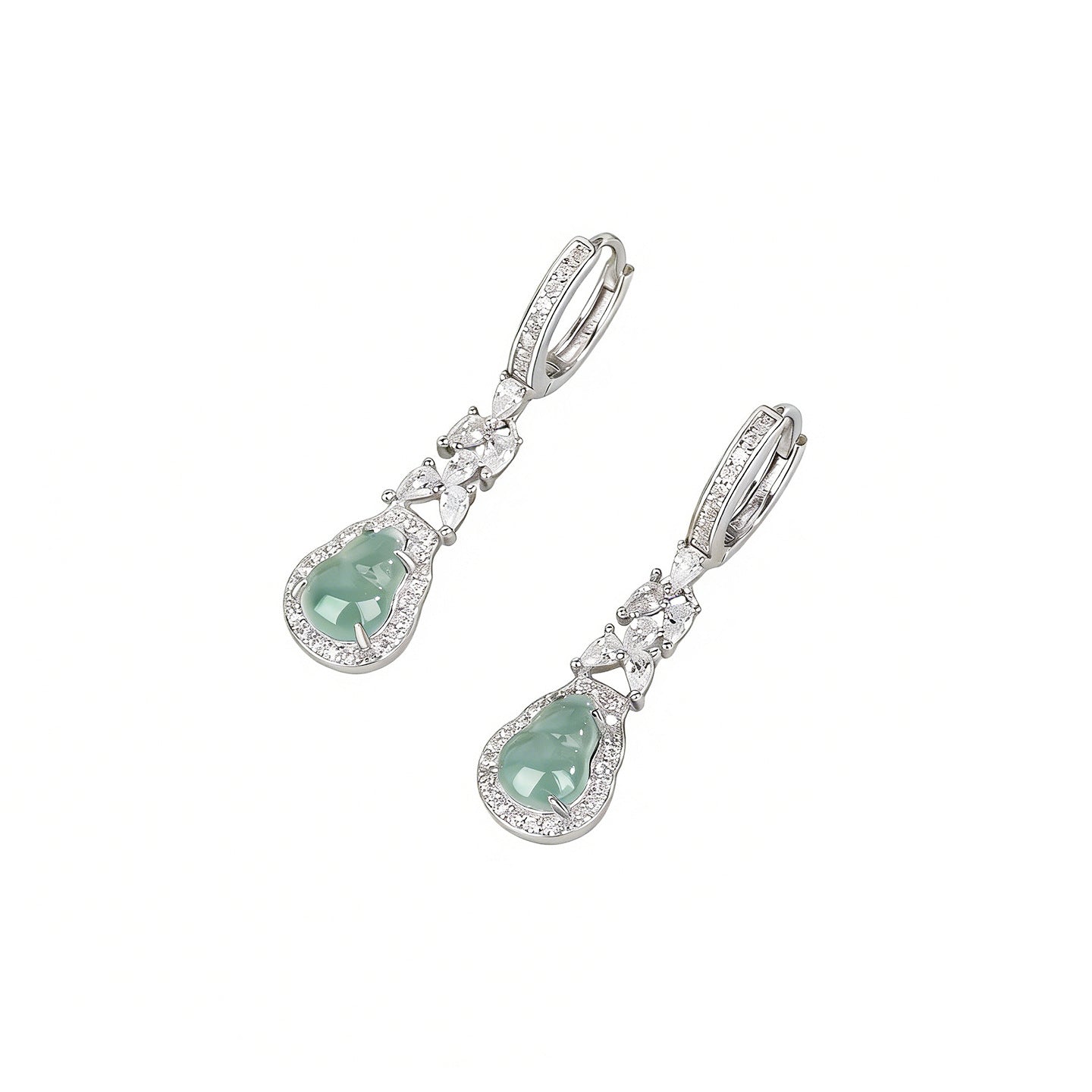 Gourd Drop Earrings For Women In 925 Sterling Silver With Jade Inlay, Elegant Stud Earrings
