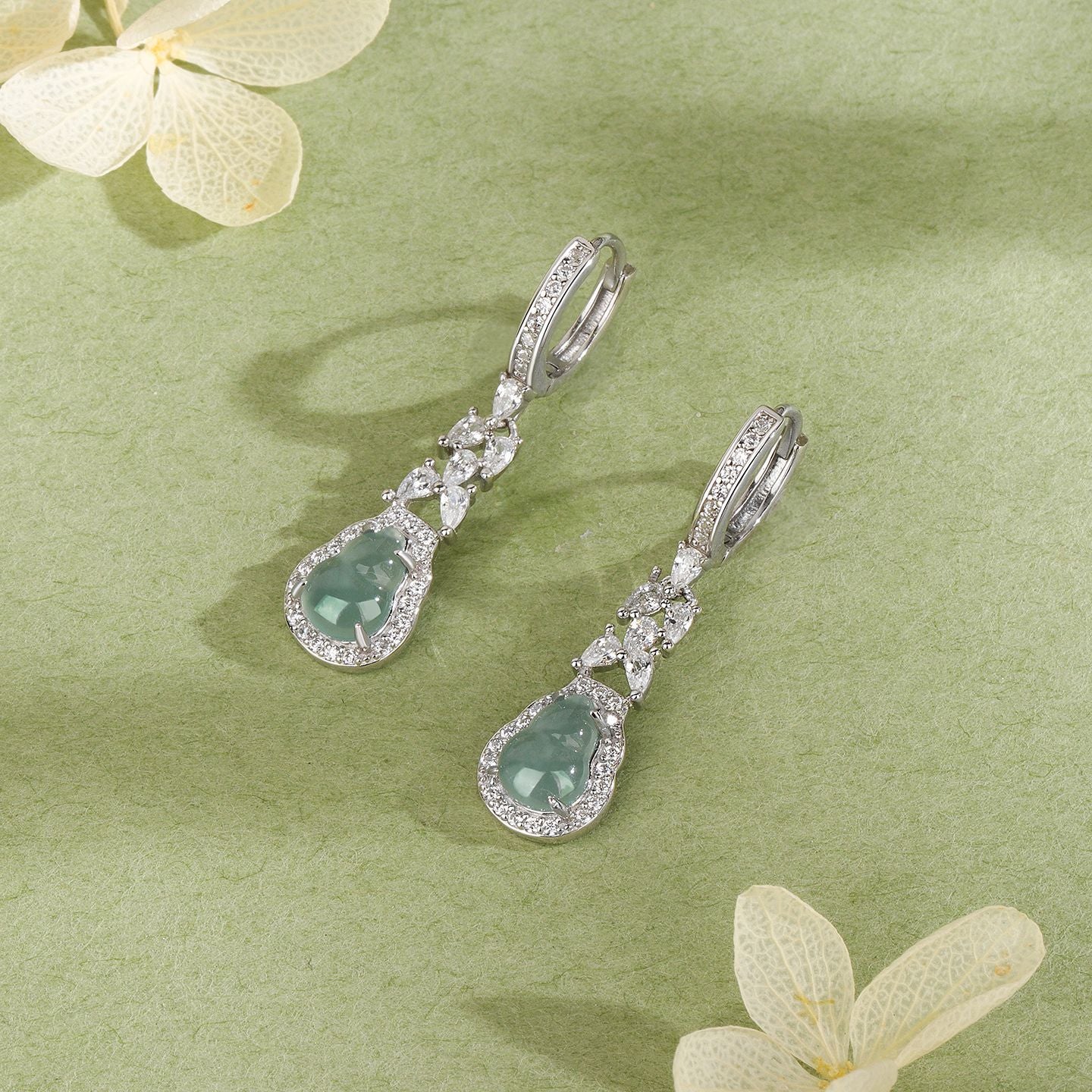Gourd Drop Earrings For Women In 925 Sterling Silver With Jade Inlay, Elegant Stud Earrings