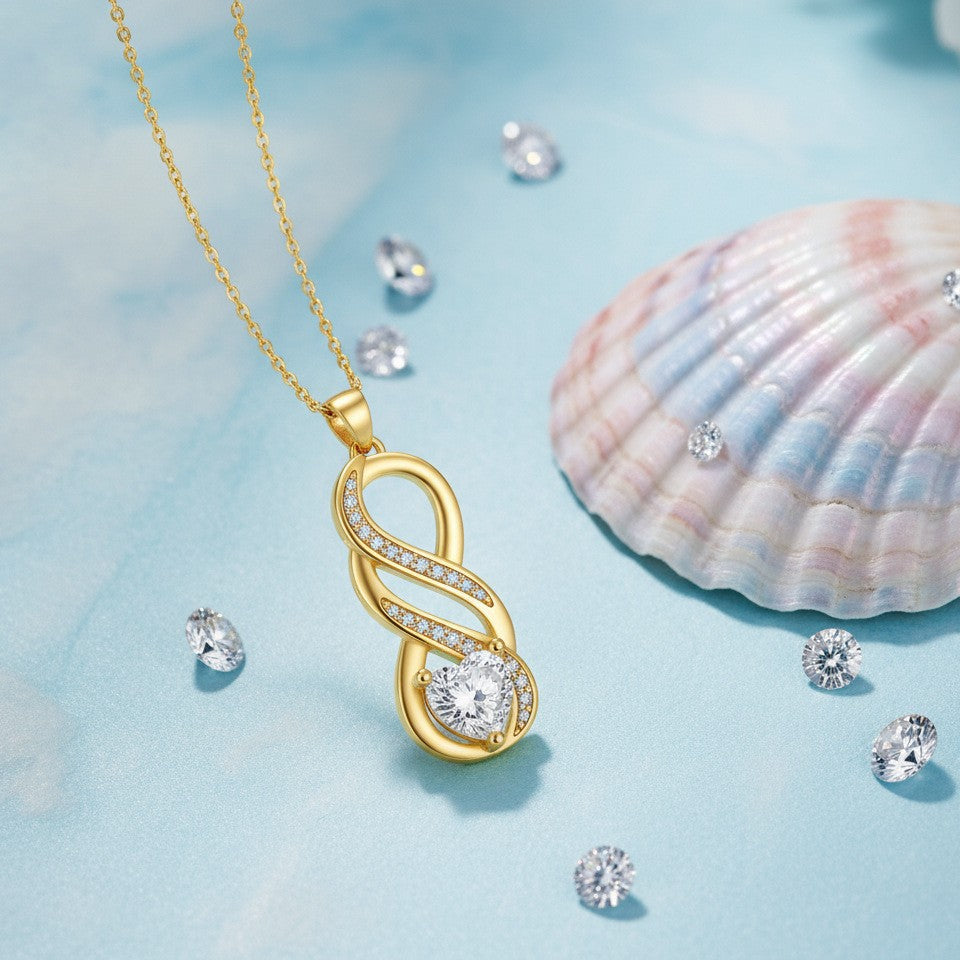 Infinity Pendant Necklace For Women In Real Gold Plated Copper With Rhinestones On A Cable Chain