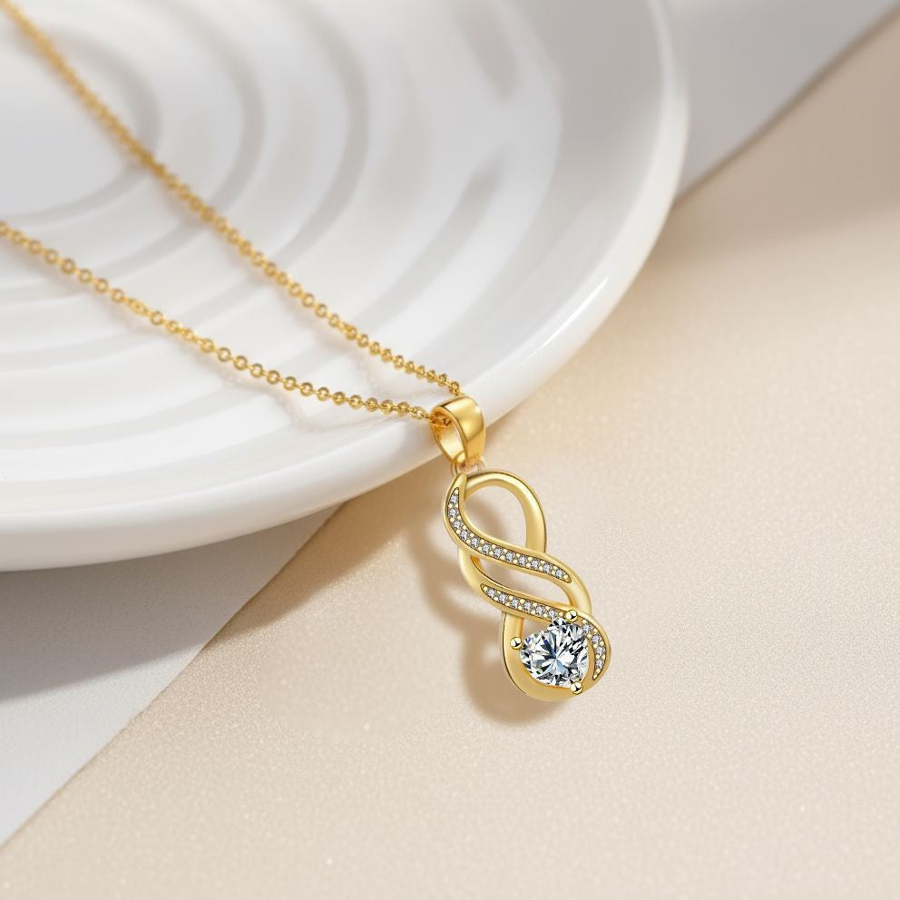 Infinity Pendant Necklace For Women In Real Gold Plated Copper With Rhinestones On A Cable Chain
