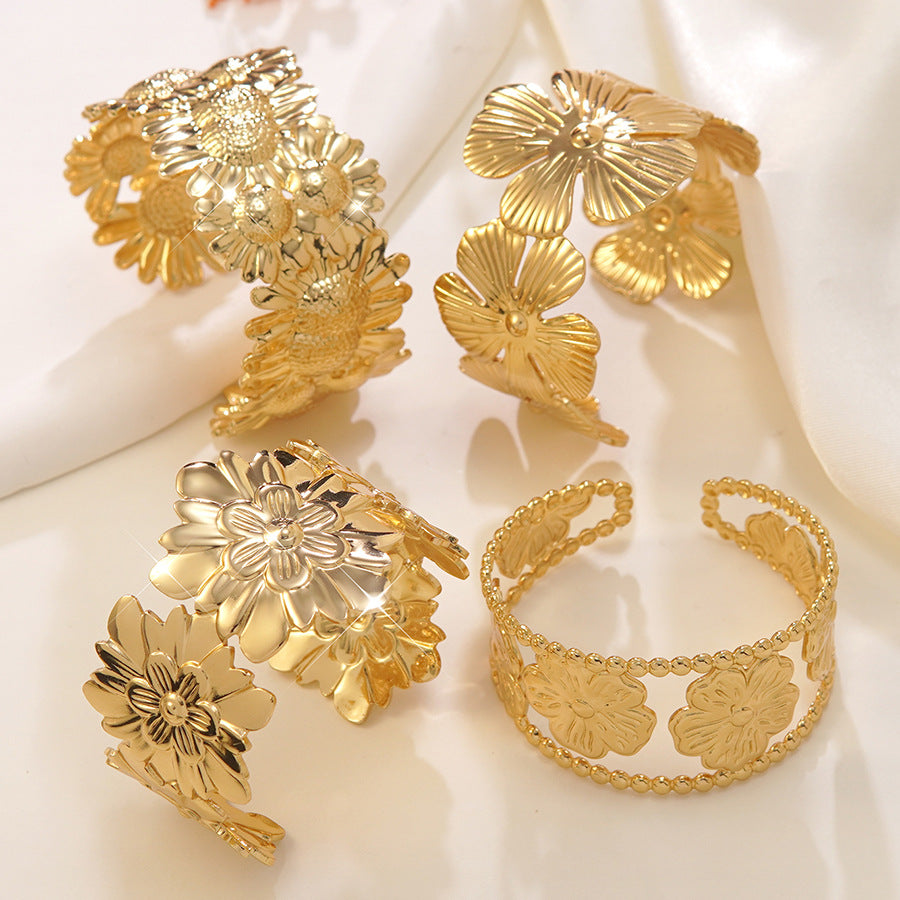 Electroplated Flowers Bangle For Women In 304 Stainless Steel With Golden Plated Finish And 0.03µm Coating Thickness