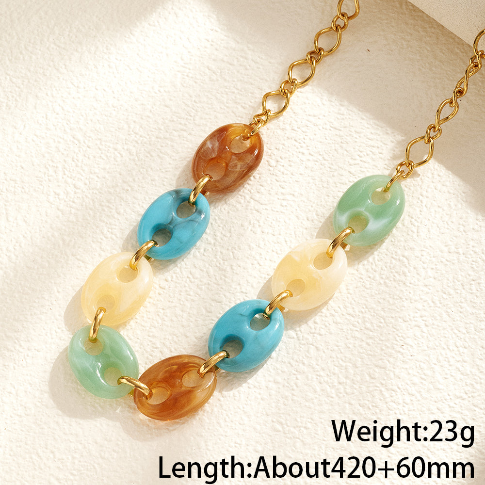 Geometric Electroplated Necklace For Women In 304 Stainless Steel With 18K Gold PVD Coated And Resin Inlay, Handmade Chain