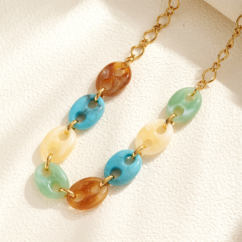 Geometric Electroplated Necklace For Women In 304 Stainless Steel With 18K Gold PVD Coated And Resin Inlay, Handmade Chain