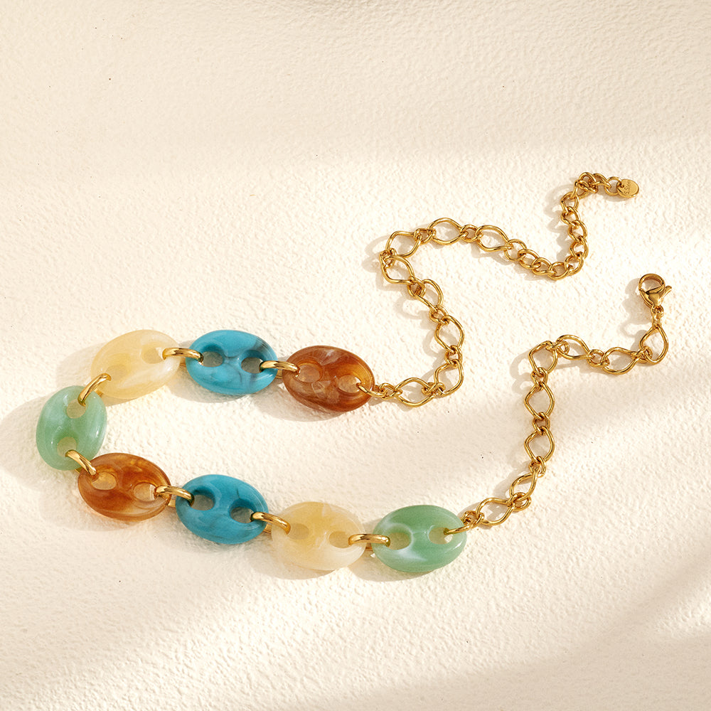 Geometric Electroplated Necklace For Women In 304 Stainless Steel With 18K Gold PVD Coated And Resin Inlay, Handmade Chain
