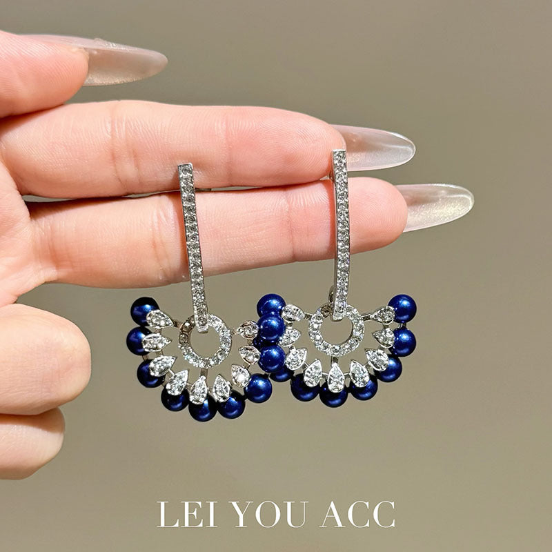 Dark Blue Flowers Earrings For Women Featuring Zinc Alloy With Rhinestones And 925 Sterling Silver Ear Pins