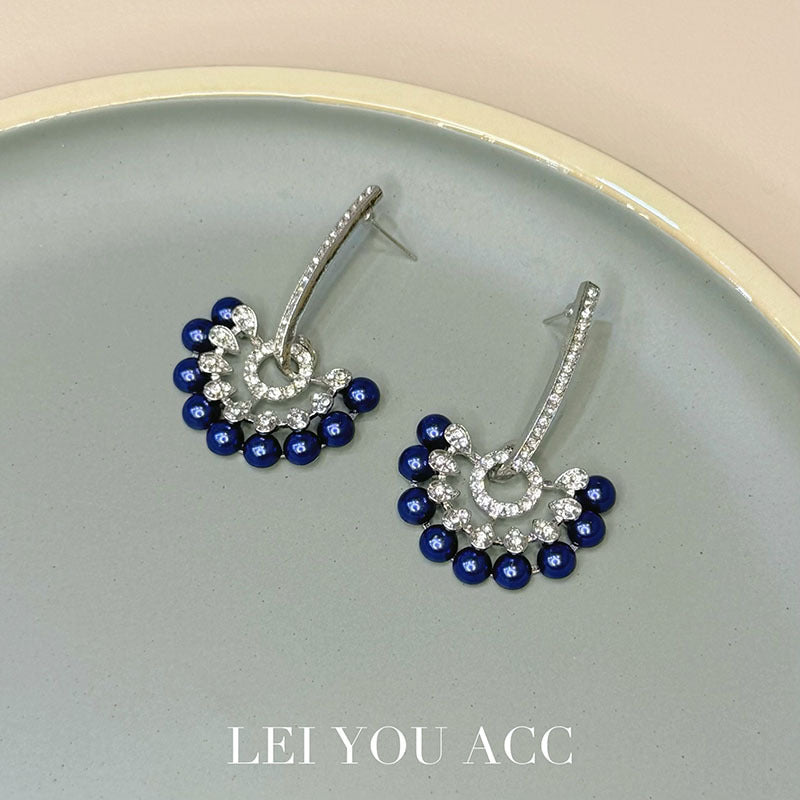 Dark Blue Flowers Earrings For Women Featuring Zinc Alloy With Rhinestones And 925 Sterling Silver Ear Pins