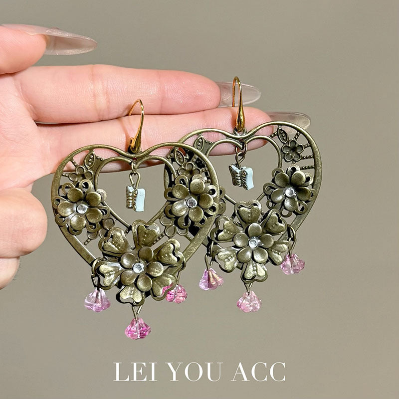 Heart Shape Tassel Earrings For Women In Bronze Zinc Alloy Featuring Sweet Style