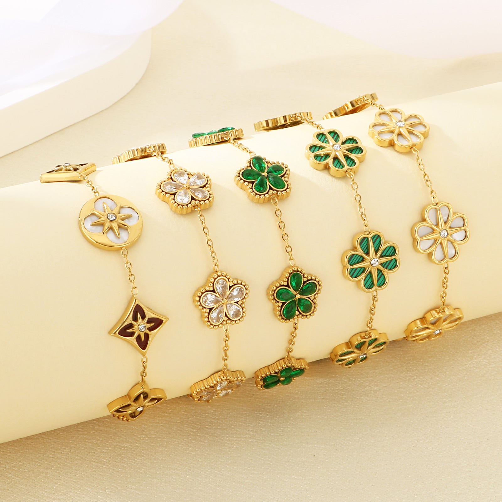 Electroplated Flowers Bracelet For Women In 304 Stainless Steel With 18K Real Gold Plated PVD Coating And Rhinestone Inlay
