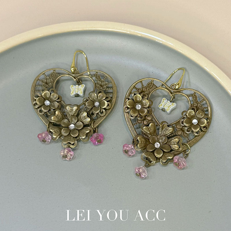 Heart Shape Tassel Earrings For Women In Bronze Zinc Alloy Featuring Sweet Style