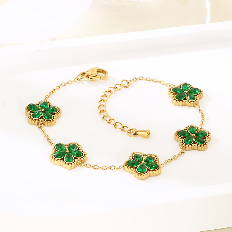 Electroplated Flowers Bracelet For Women In 304 Stainless Steel With 18K Real Gold Plated PVD Coating And Rhinestone Inlay