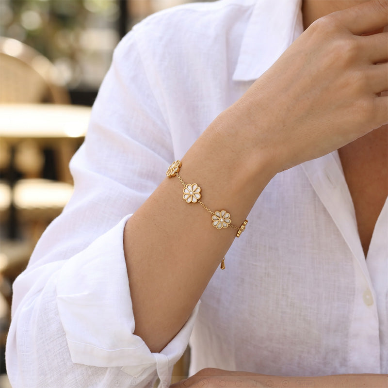 Electroplated Flowers Bracelet For Women In 304 Stainless Steel With 18K Real Gold Plated PVD Coating And Rhinestone Inlay