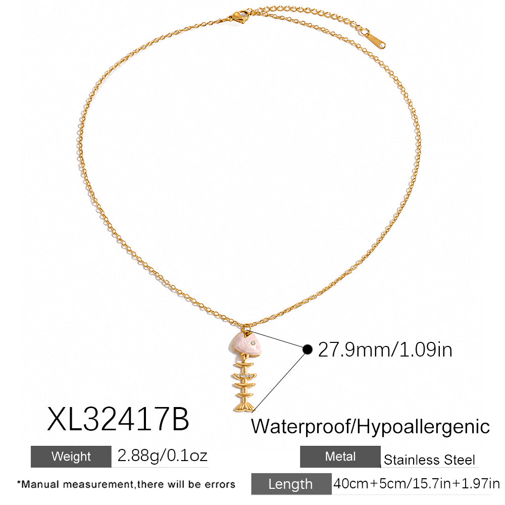 Marine Style Fish Bone Necklace For Women In 304 Stainless Steel With 18K Gold Plated PVD Coating And Rhinestones, Cable Chain